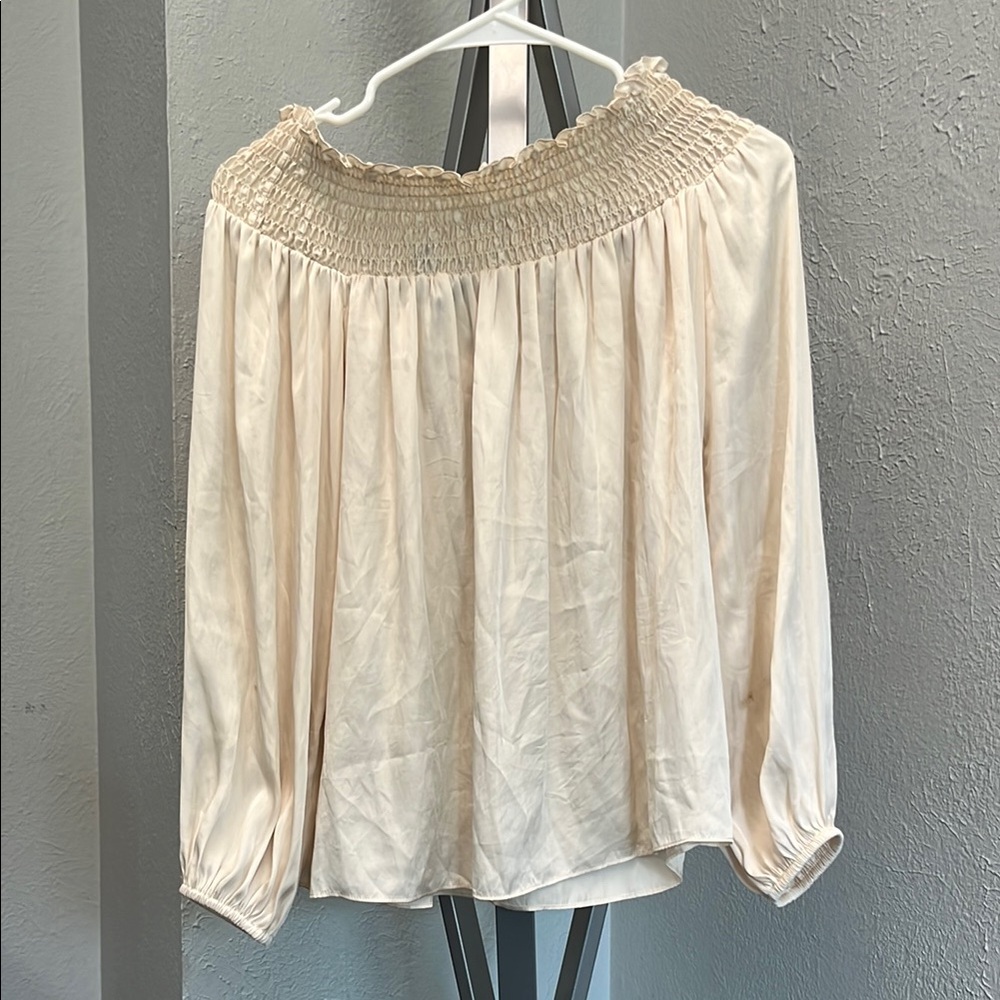 BCBGMaxAzria Women’s Cream Smocked Milou Off-The-Shoulder Satin Blouse